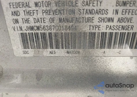 2007 Honda Accord 2.4 Se from USA, damaged, VIN JHMCM56387C018494